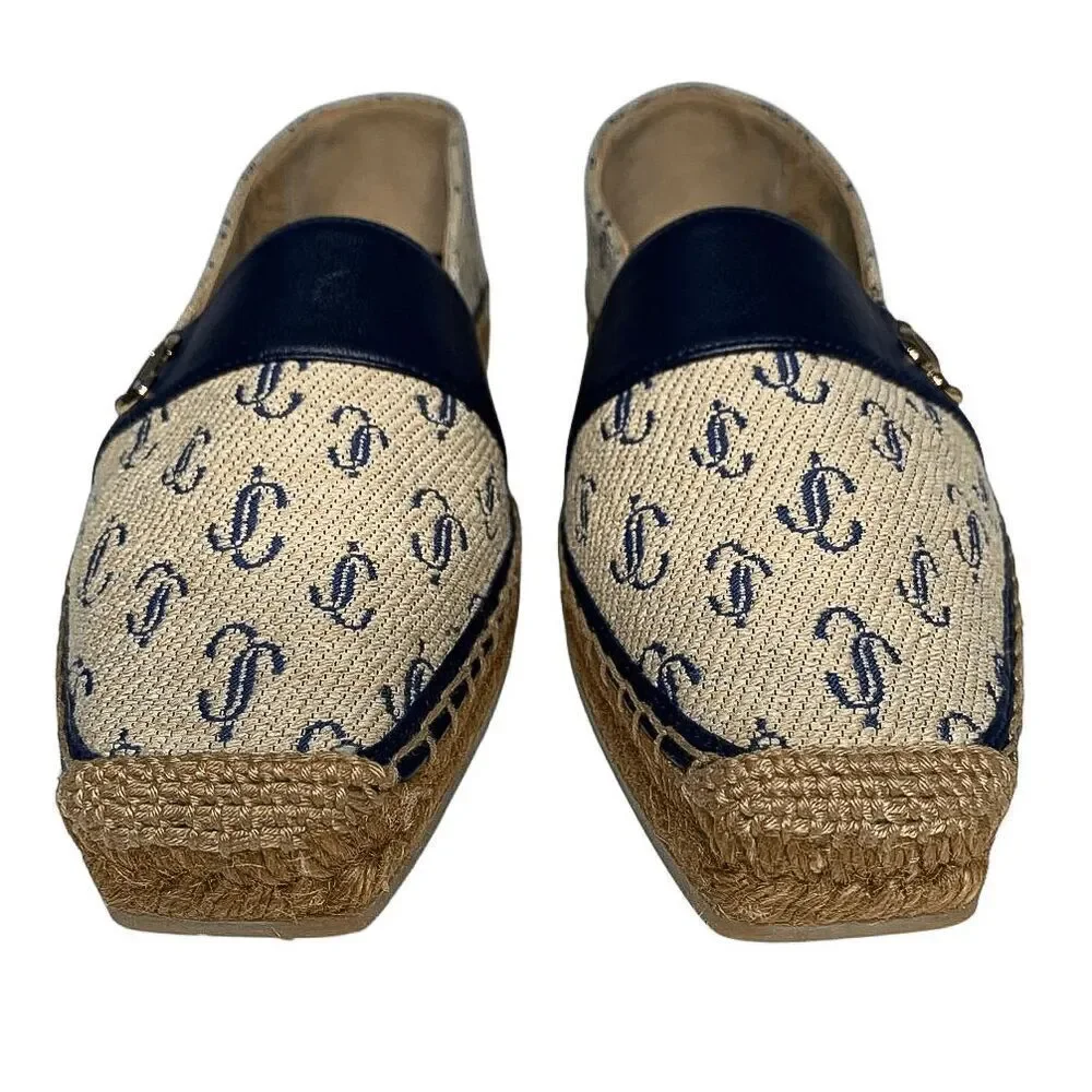 Jimmy Choo Dru Logo-Print Espadrilles EU 36.5 Monogram Canvas/Leather Flats